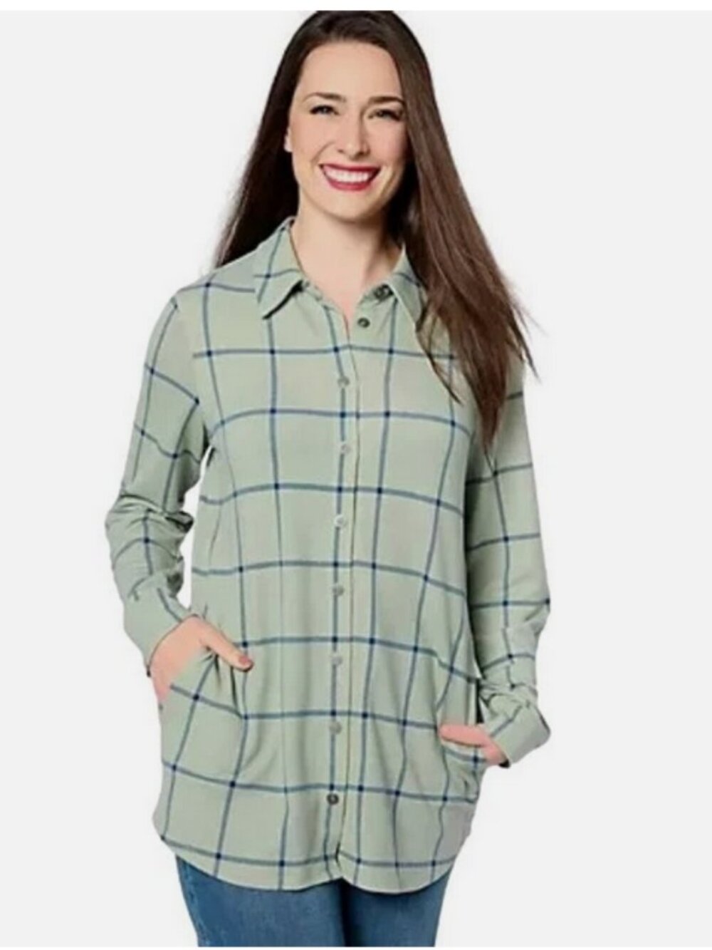 Denim & Co Adaptive Heavenly Jersey Plaid Button Front Tunic Alpine Frost XXS